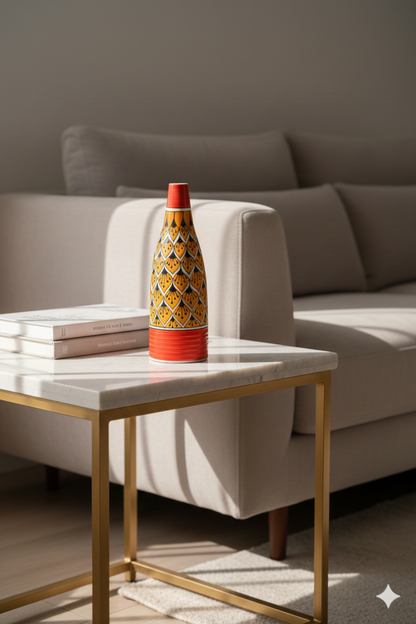 Decorative bottle on a marble table with a couch in the background