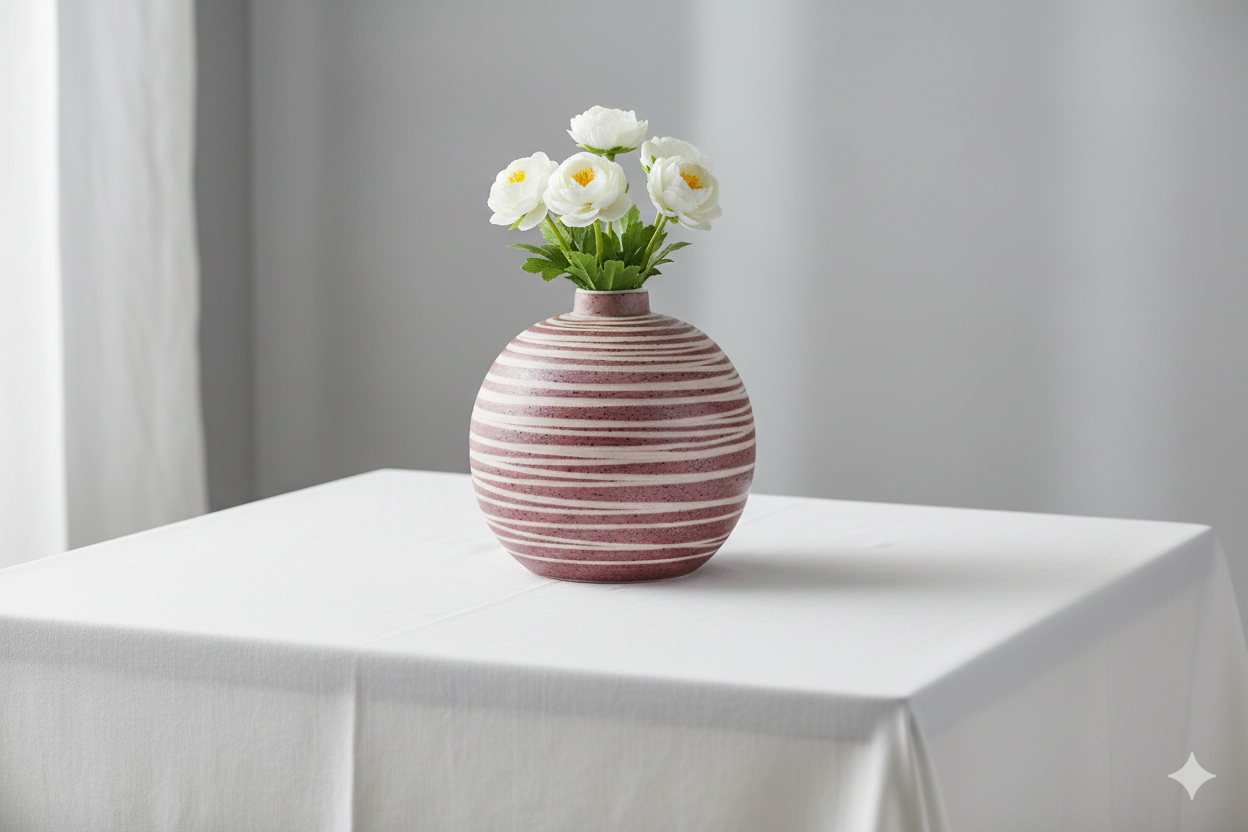 Striped vase with flowers on a white tablecloth against a gray curtain background