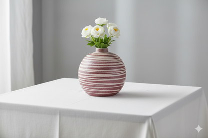 Striped vase with flowers on a white tablecloth against a gray curtain background