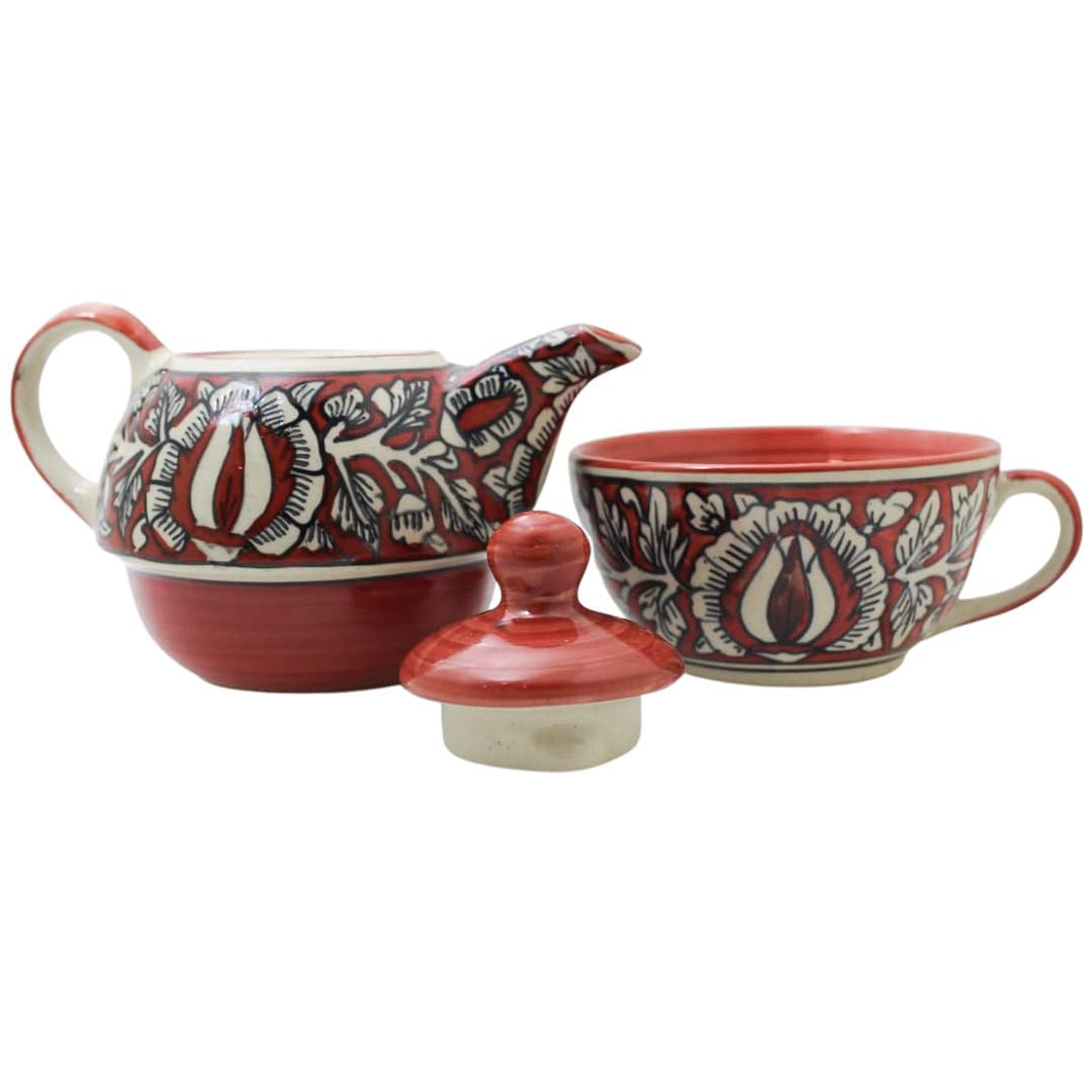 Caffeine Ceramic Handmade Red Mughal 2 in 1 Tea Pot (Set of 1)