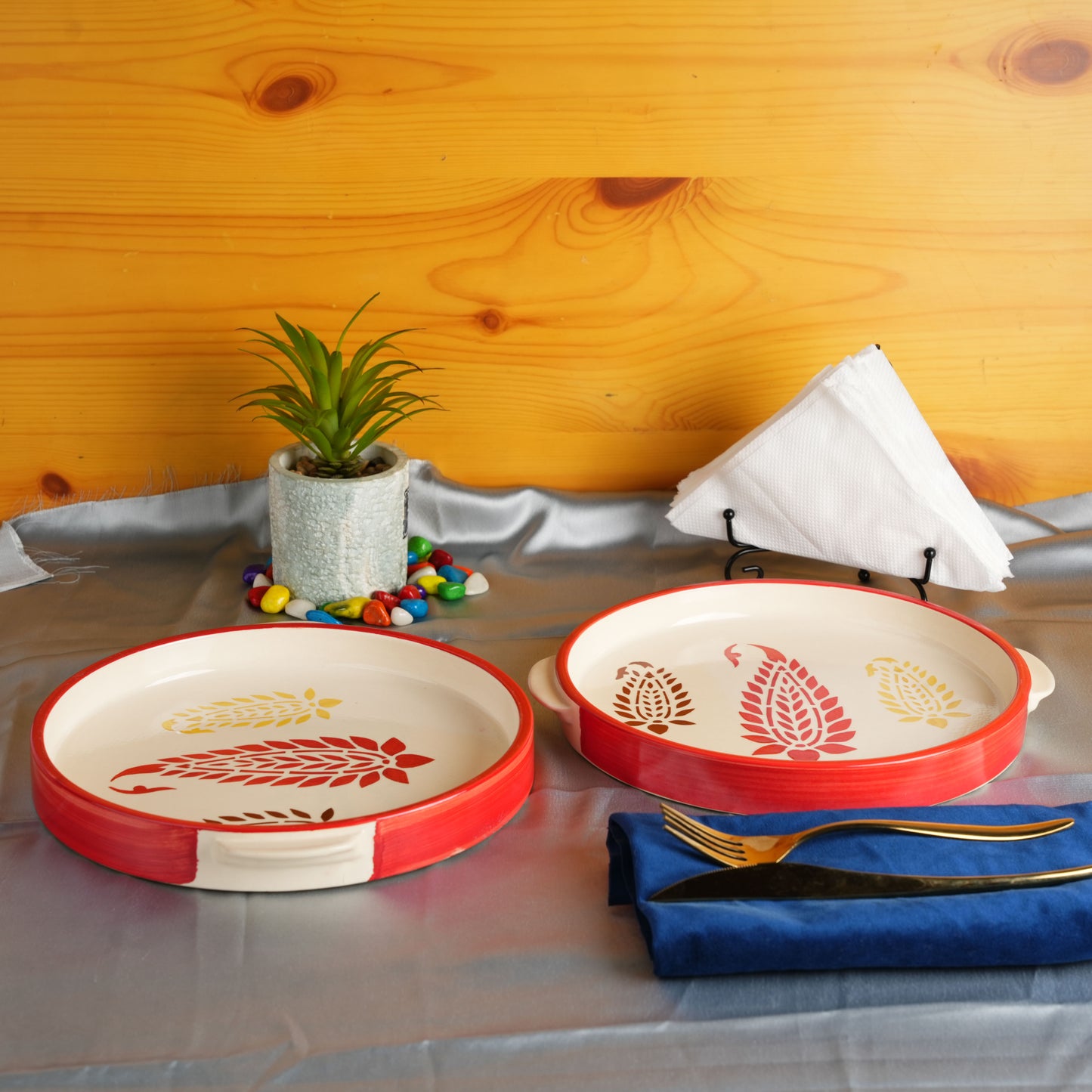 Caffeine Ceramic Stoneware Handmade Red Boota Sizzler Tray 9.5 Inch (Set of 6) - Caffeine Premium Stoneware