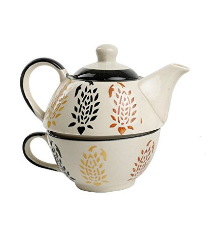 Caffeine Ceramic Handmade Blue boota 2 in1 Tea Pot (Set of 1, Single Kettle with Cup)