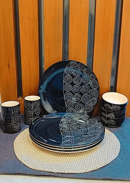 Caffeine Ceramic Handmade Stoneware Black Doodle Combo Dinner set Of 15 pcs. ( 4 Dinner Plate , 4 Quarter Plate , 2 Water Glass , 1 Cutlery , 2 Katori Bowl , 2 Tea in 1  Pot )