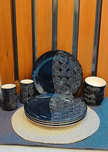 Caffeine Ceramic Handmade Stoneware Black Doodle Combo Dinner set Of 15 pcs. ( 4 Dinner Plate , 4 Quarter Plate , 2 Water Glass , 1 Cutlery , 2 Katori Bowl , 2 Tea in 1  Pot )