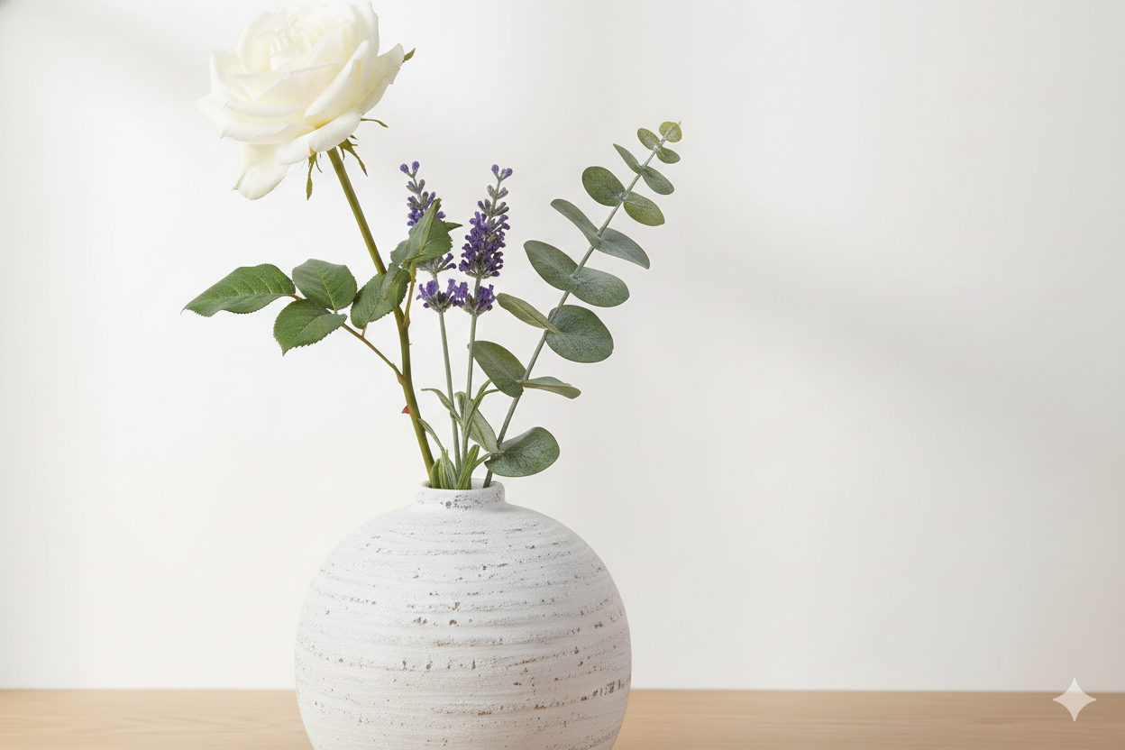 White vase with flowers on a wooden surface against a white background