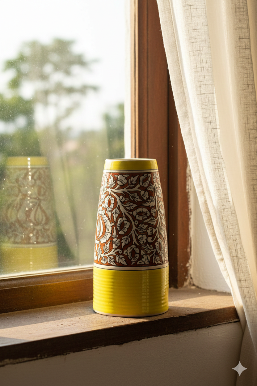 Decorative vase with floral patterns on a windowsill