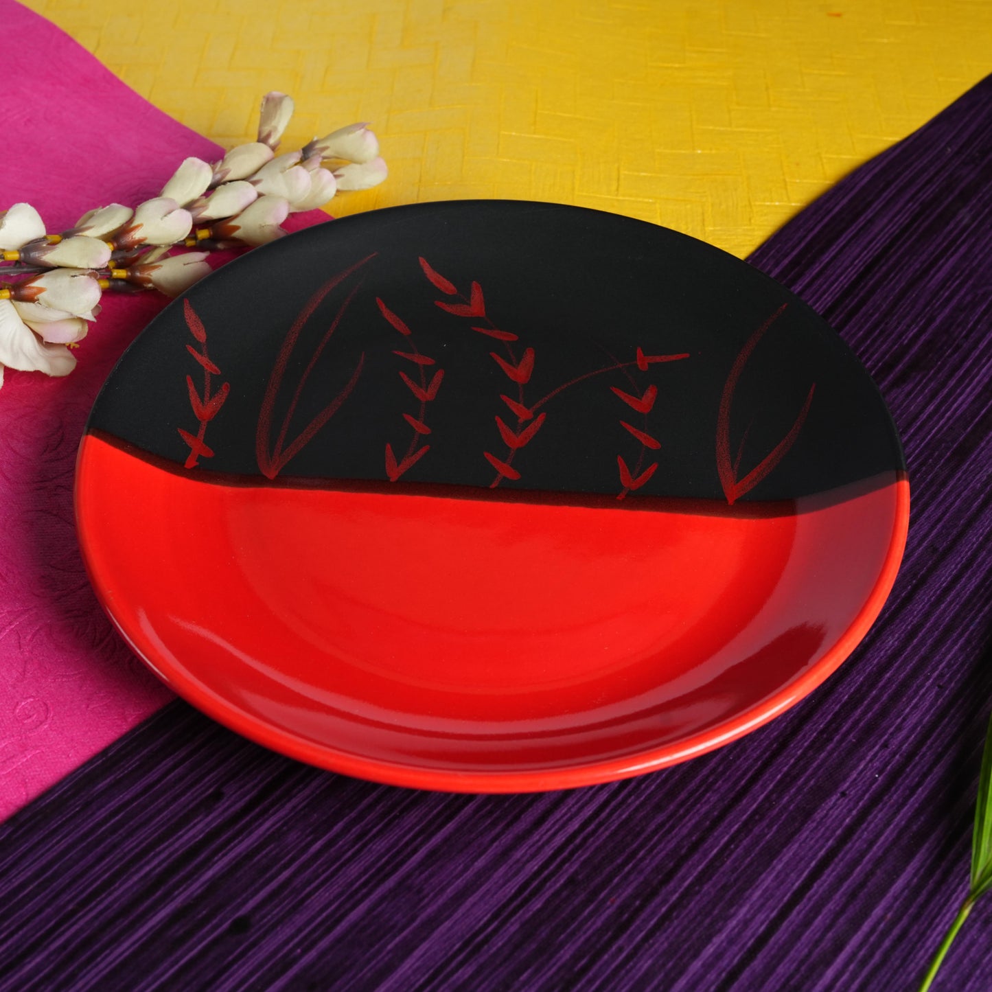 Caffeine Ceramic Handmade Stoneware Half Red & Black Bamboo quarter plate 7”(Set of 4 Dishwasher & Microwave Safe ) - Caffeine Premium Stoneware