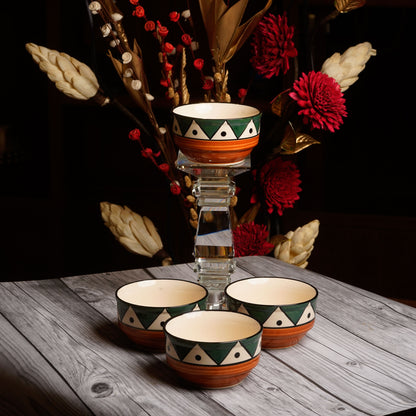 Caffeine Ceramic Handmade Green Tribal Katori Bowl (Set of 4) - Caffeine Premium Stoneware