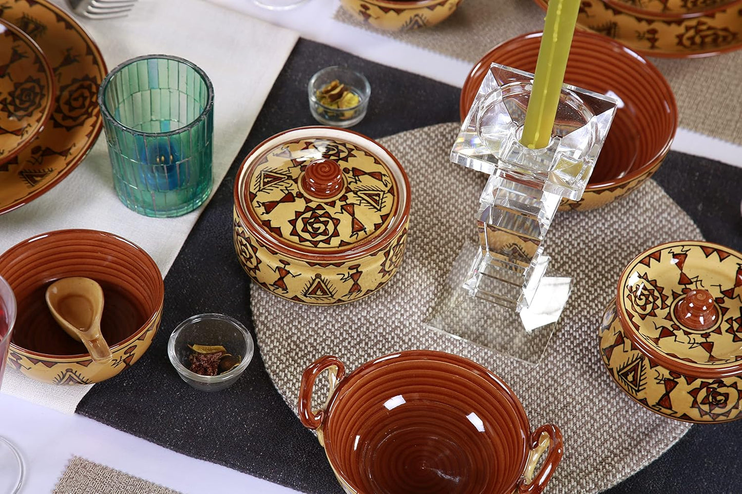 Caffeine Ceramic Handmade Mustard Romani Dinner Set (24 pcs.)