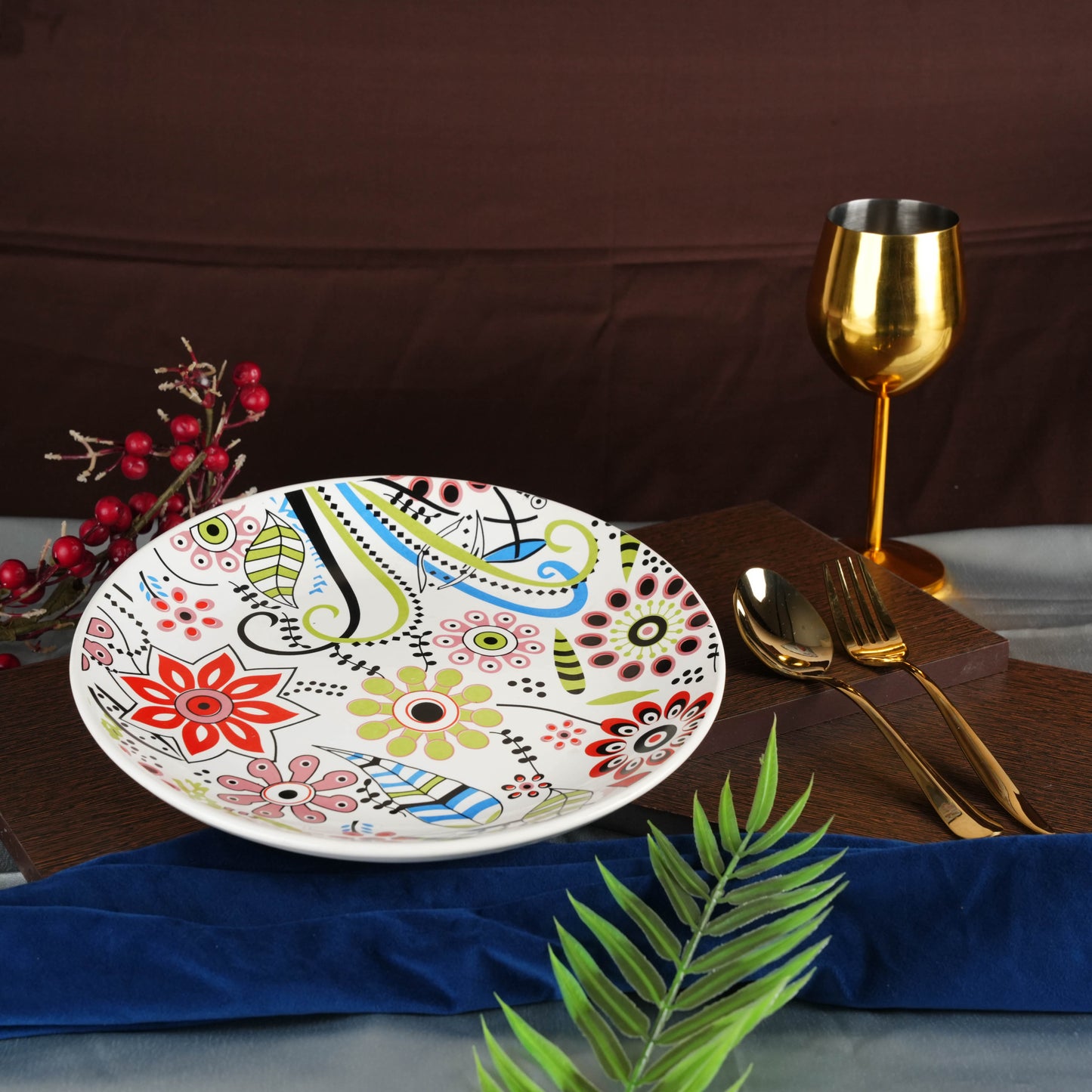 Caffeine Ceramic Handmade Stoneware Multicolor Flower Design Dinner Plate set of 4 - Caffeine Premium Stoneware