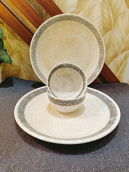 Caffeine Ceramic Handmade White Matte & Black Patta Combo Dinner Set of 4 - Caffeine Premium Stoneware