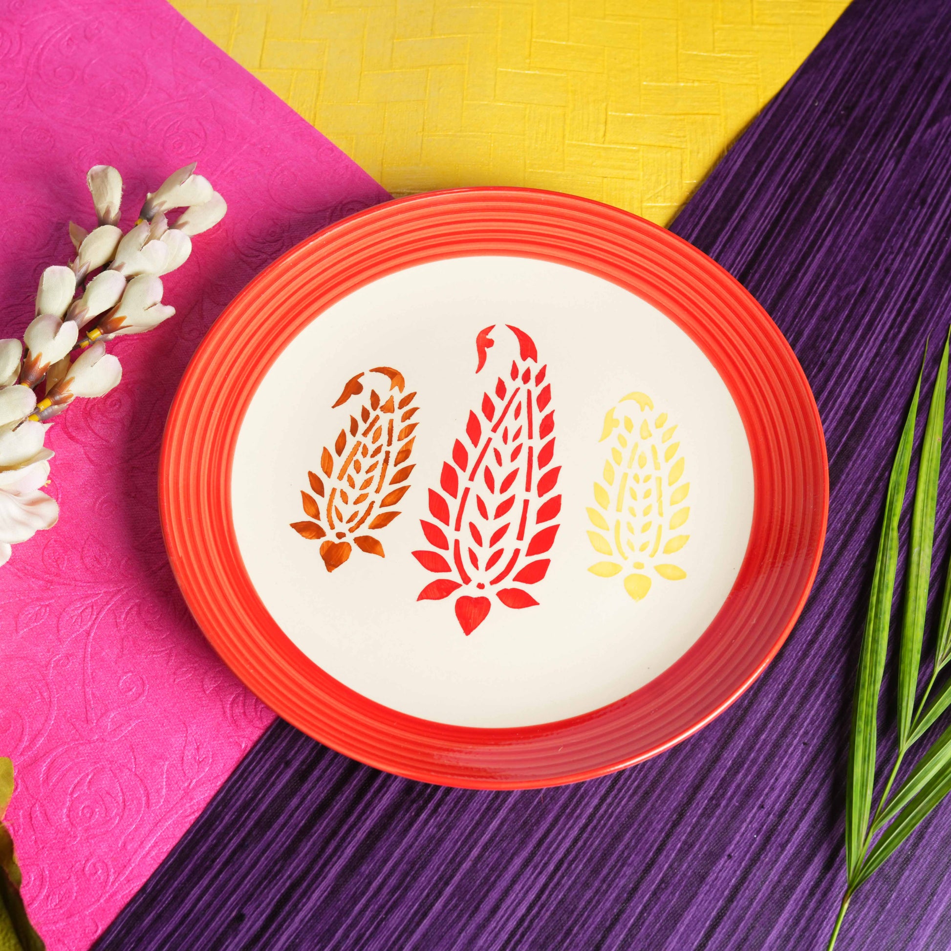 Caffeine Ceramic Handmade Stoneware Red Boota Dinner Plate set of 4 - Caffeine Premium Stoneware