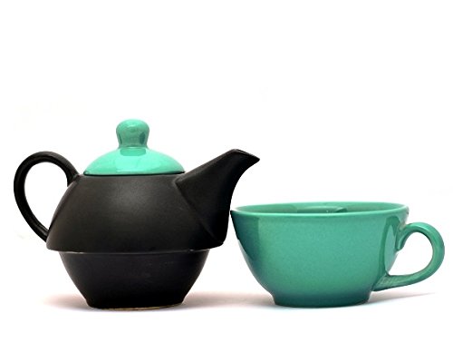 Caffeine Ceramic Handmade Sea Green & Black 2 in 1 Tea Pot set of 1 ( Microwave & Dishwasher Safe)