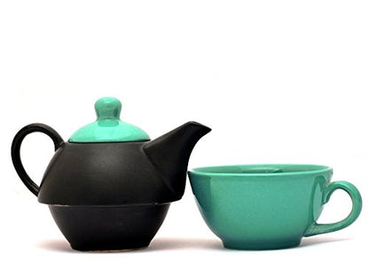 Caffeine Ceramic Handmade Sea Green & Black 2 in 1 Tea Pot set of 1 ( Microwave & Dishwasher Safe)
