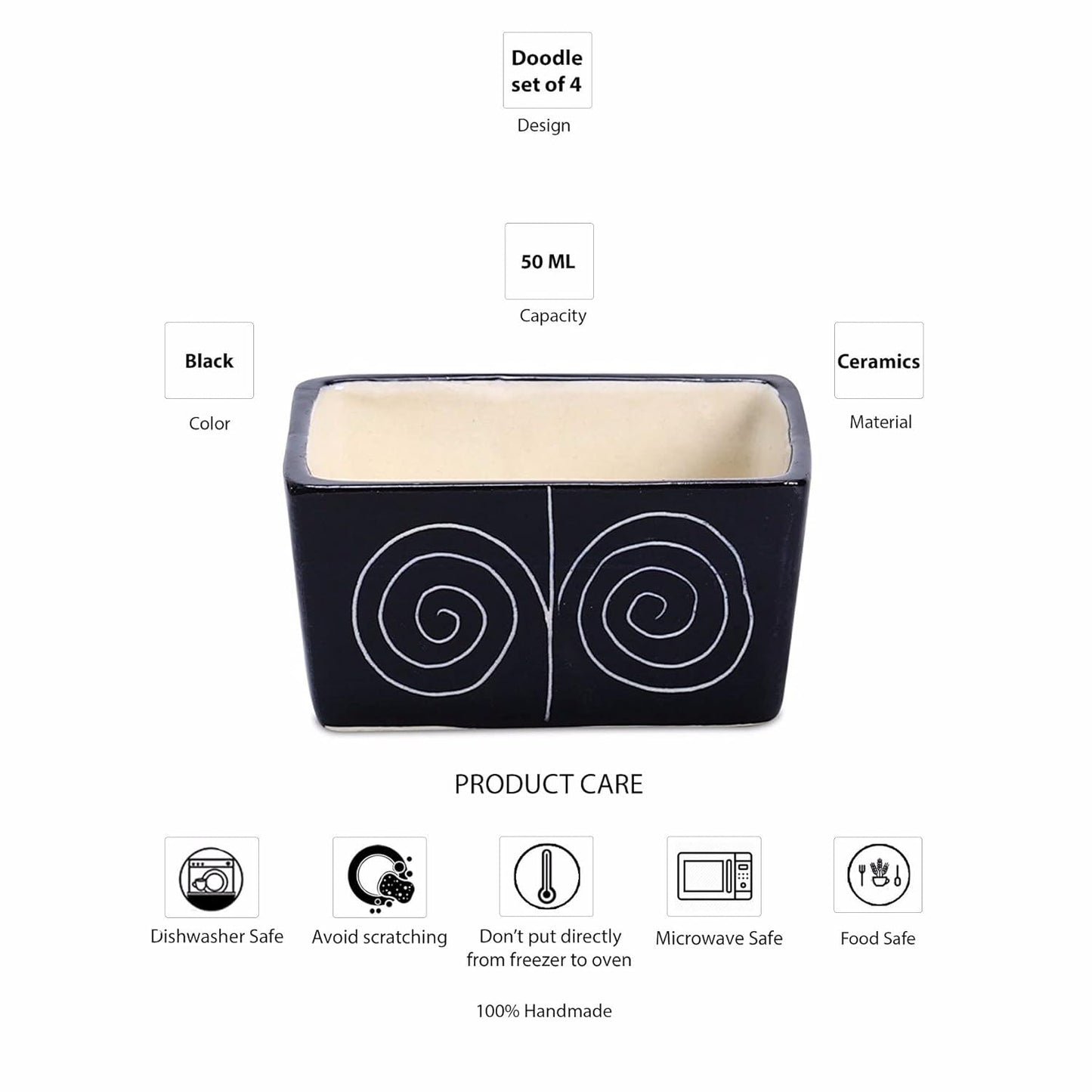 Caffeine Ceramic Stoneware Handmade Black Doodle Dip and Sauce (Set of 4, 40 ml) - Caffeine Premium Stoneware