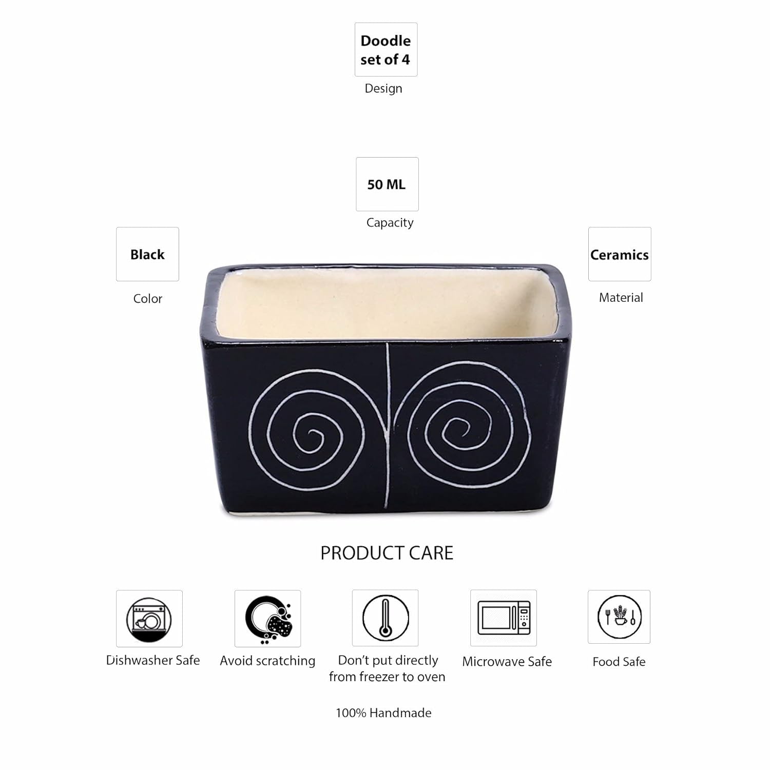 Caffeine Ceramic Stoneware Handmade Black Doodle Dip and Sauce (Set of 4, 40 ml) - Caffeine Premium Stoneware