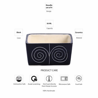 Caffeine Ceramic Stoneware Handmade Black Doodle Dip and Sauce (Set of 4, 40 ml) - Caffeine Premium Stoneware