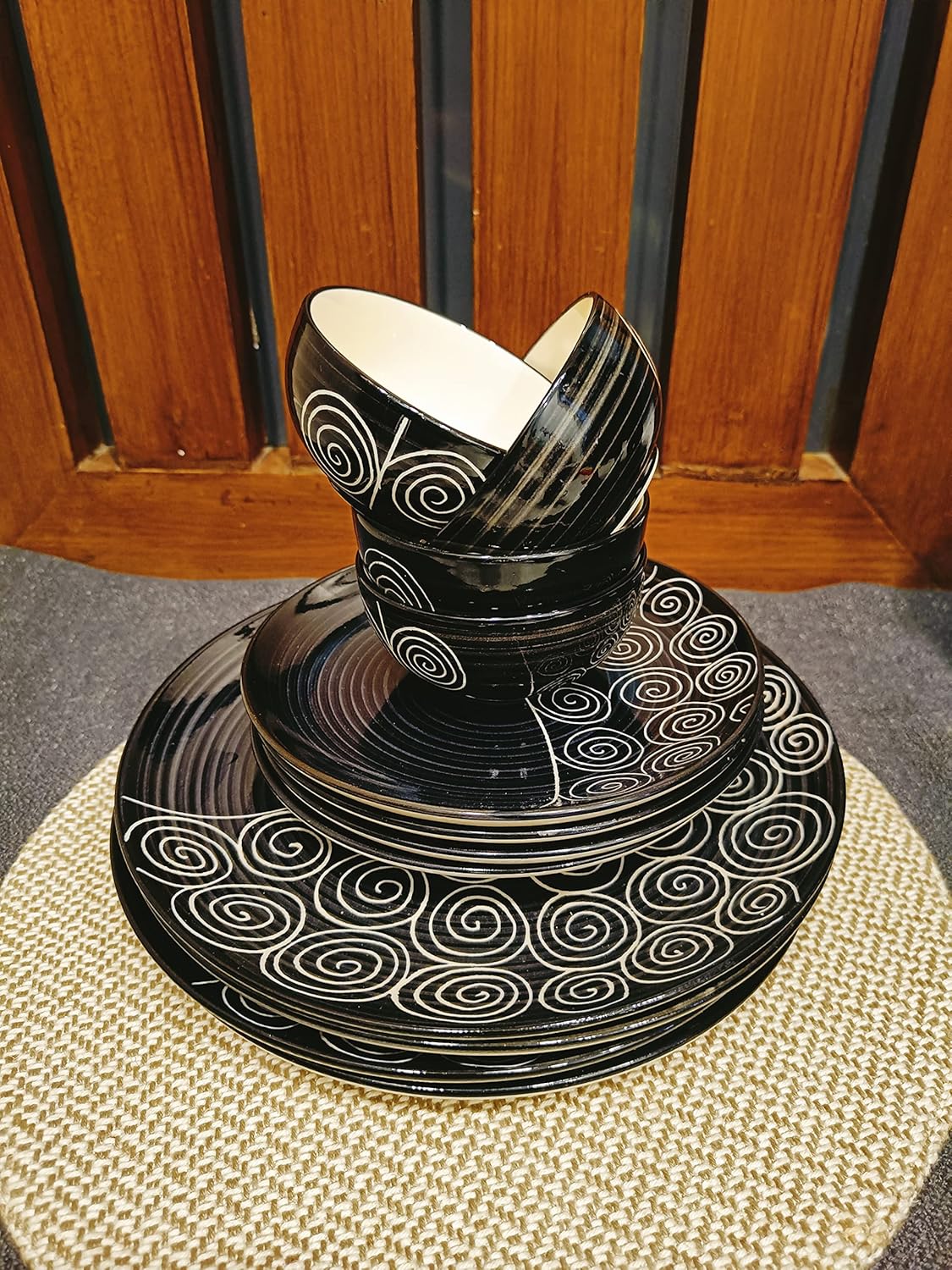 Caffeine Ceramic Handmade Black Doodle Combo Dinner set of 12 pcs