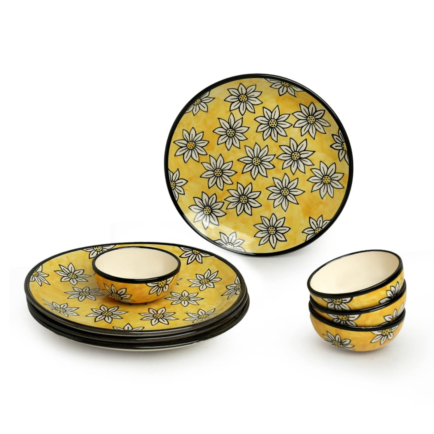 Caffeine Ceramic Handmade Californian Sunflowers Dinner Set (Set of 8) - Caffeine Premium Stoneware