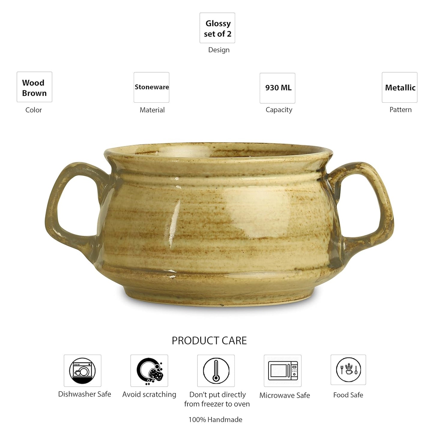 Caffeine Ceramic Handmade Glossy Wood Brown Double Handle Soup Bowl with Spoon (Set of 2) - Caffeine Premium Stoneware