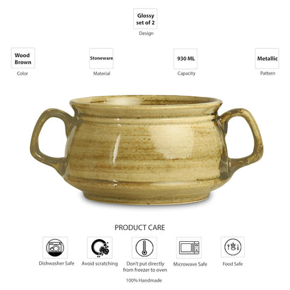 Caffeine Ceramic Handmade Glossy Wood Brown Double Handle Soup Bowl with Spoon (Set of 2) - Caffeine Premium Stoneware