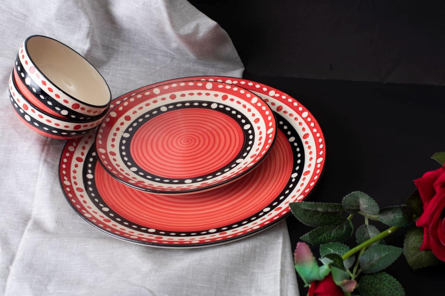 Caffeine Premium Ceramc Handmade Red & Black Dot Combo Dinner Set of 14 Pcs (4 Dinner Plate, 4 Quarter Plate, 4 Katori Bowl, 2 Serving Bowl)