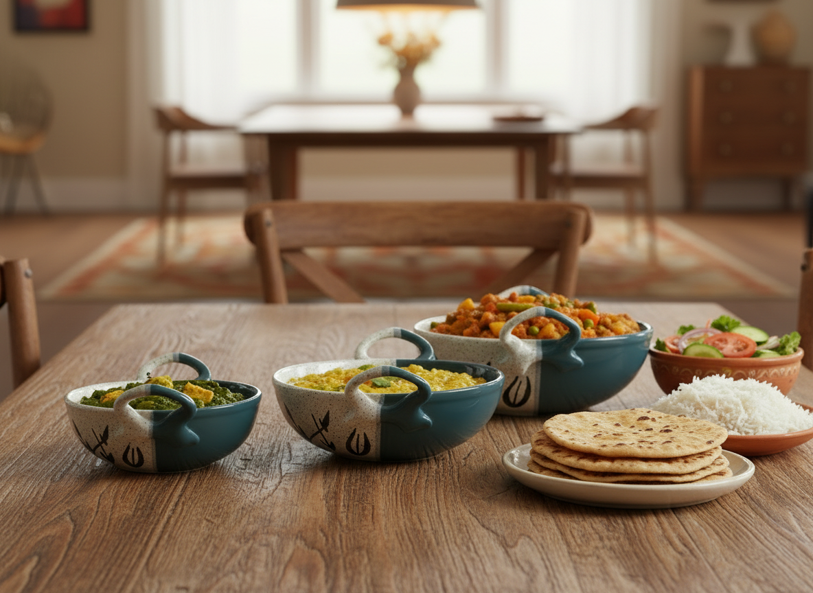 Caffeine Ceramic Handmade Stoneware Green & White Bamboo Serving Kadhai (Set of 3 Microwave & Dishwasher Safe)