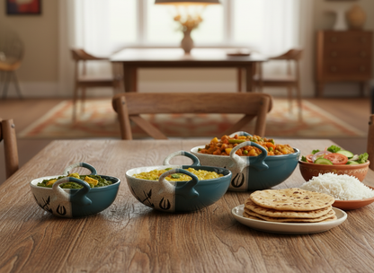 Caffeine Ceramic Handmade Stoneware Green & White Bamboo Serving Kadhai (Set of 3 Microwave & Dishwasher Safe)