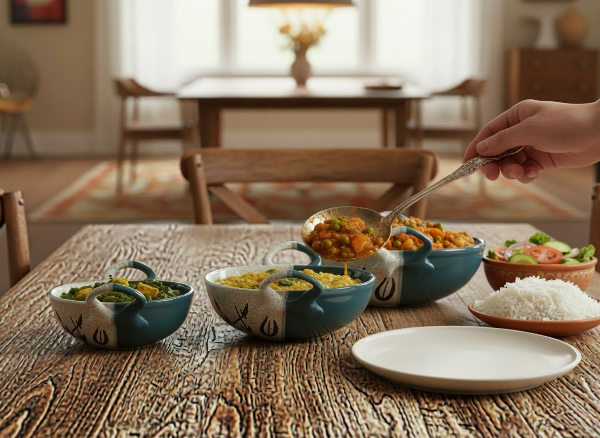 Caffeine Ceramic Handmade Stoneware Green & White Bamboo Serving Kadhai (Set of 3 Microwave & Dishwasher Safe)