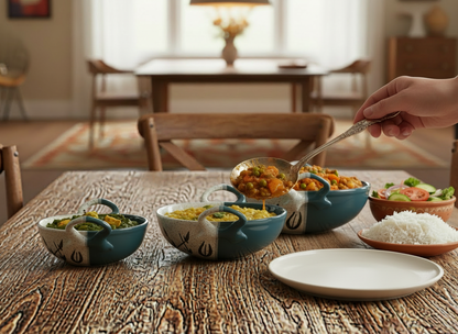 Caffeine Ceramic Handmade Stoneware Green & White Bamboo Serving Kadhai (Set of 3 Microwave & Dishwasher Safe)