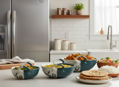 Caffeine Ceramic Handmade Stoneware Green & White Bamboo Serving Kadhai (Set of 3 Microwave & Dishwasher Safe)