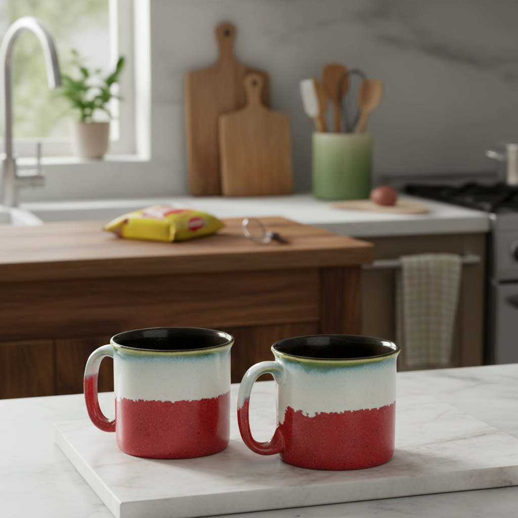 Caffeine Ceramic Stoneware Handmade White & Coral Peach Maggie Mug (Set of 2)