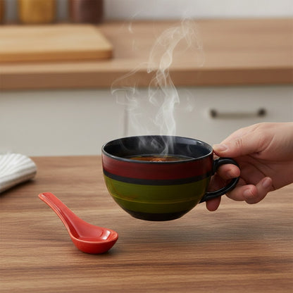 Caffeine Ceramic Handmade Green Chandrakari Single Handled Soup Bowl (Set of 2)