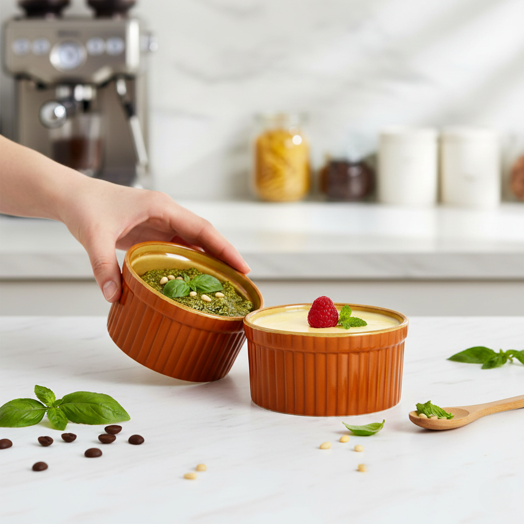 Caffeine Ceramic Handmade Matte Brown & Yellow Ramekins bowl (Set of 6, 150 ml)