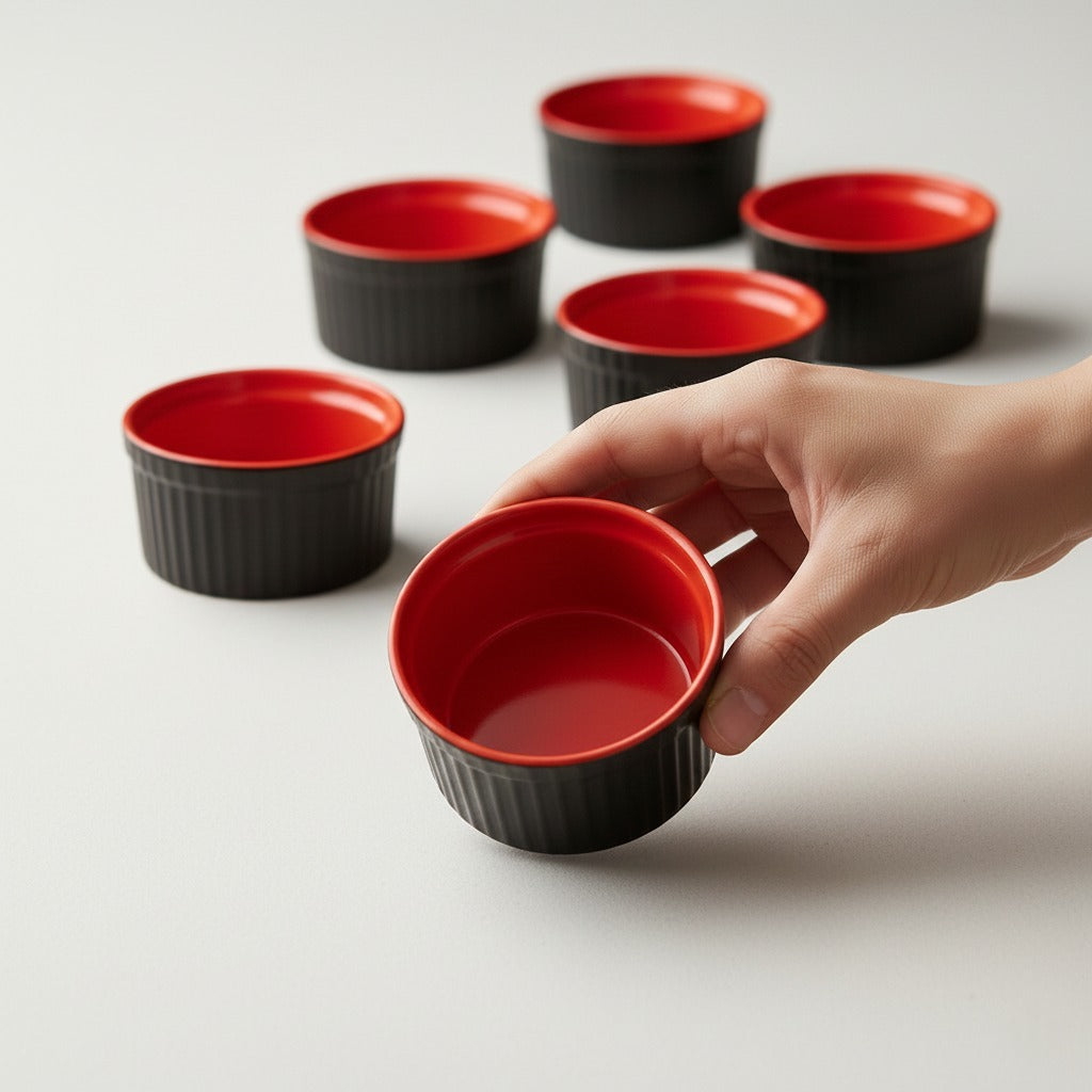 Caffeine Ceramic Handmade Matte Black & Glossy Red Ramekins Bowl (Set of 6, 150 ml)