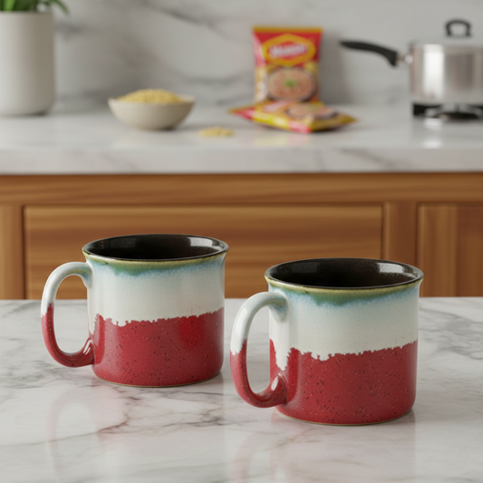 Caffeine Ceramic Stoneware Handmade White & Coral Peach Maggie Mug (Set of 2)