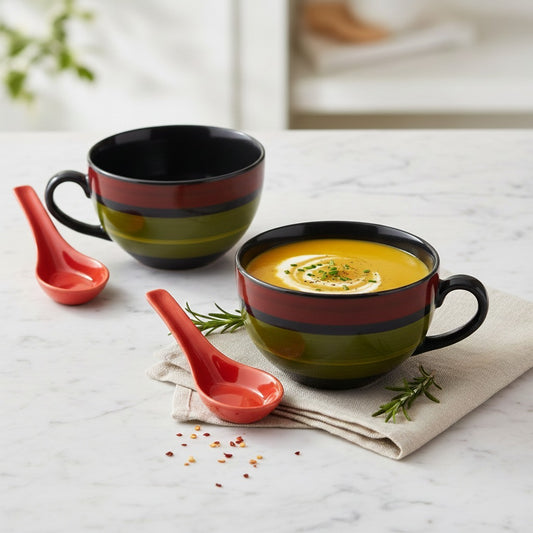 Caffeine Ceramic Handmade Green Chandrakari Single Handled Soup Bowl (Set of 2)