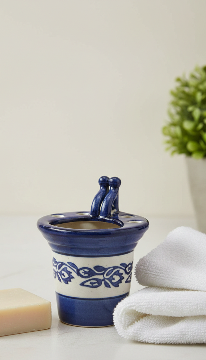 Caffeine Ceramic Handmade Blue and White Printed Bathroom Accessory (Set of 1)