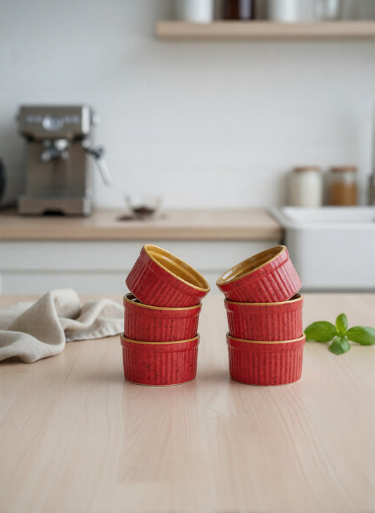 Caffeine Ceramic Handmade Pink & Mustard Ramekins Bowl (Set of 6)