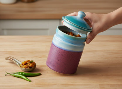 Caffeine Ceramic Stoneware Handmade Multi Colour Maroon And Purple Studio Barni/Pickle Jar (Set of 3)