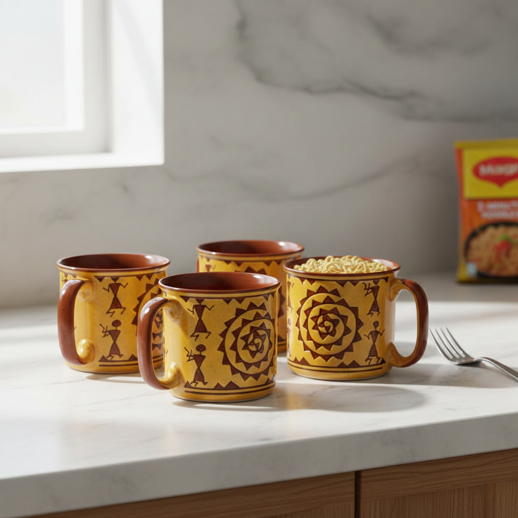 Caffeine Ceramic Handmade Mustard Romani Maggie Mug (Set of 4)