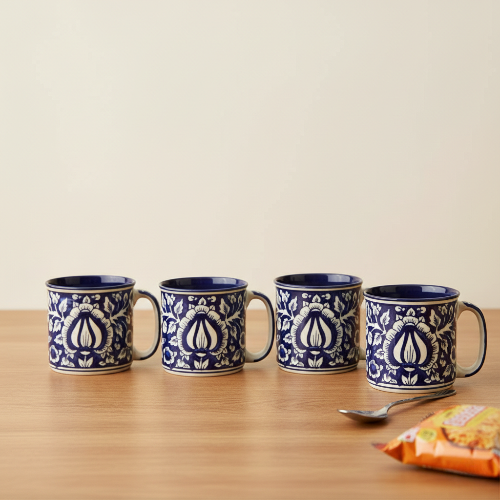 Caffeine Ceramic Handmade Blue Mughal Maggie Mug (Set of 4)
