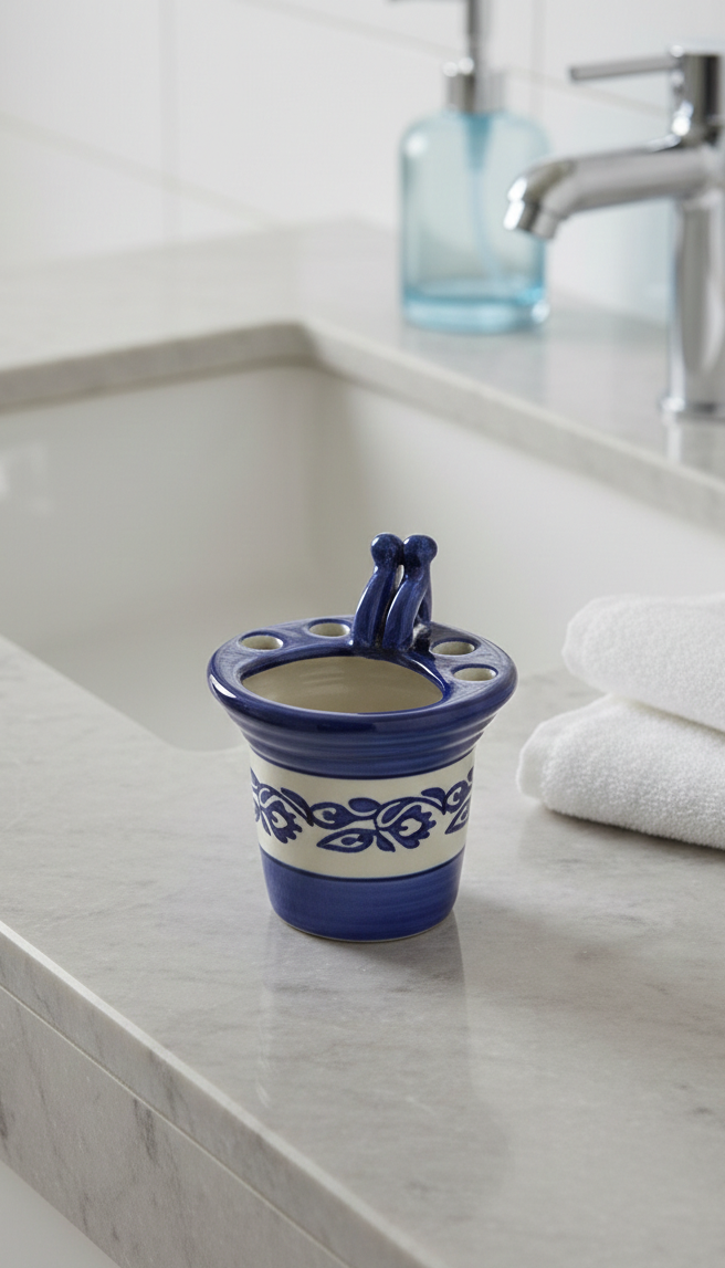 Caffeine Ceramic Handmade Blue and White Printed Bathroom Accessory (Set of 1)