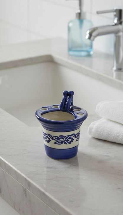 Caffeine Ceramic Handmade Blue and White Printed Bathroom Accessory (Set of 1)