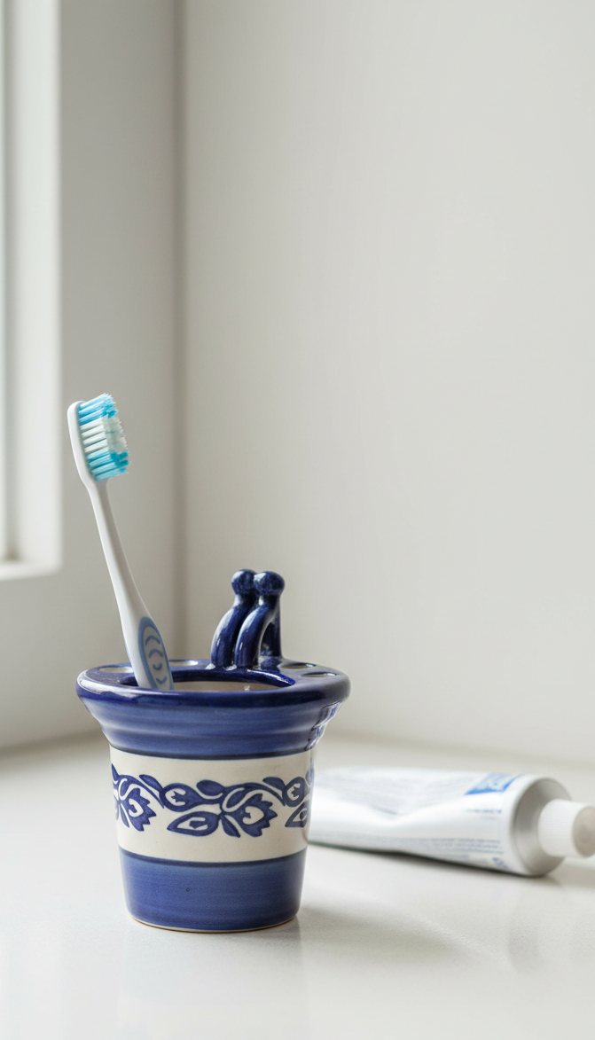 Caffeine Ceramic Handmade Blue and White Printed Bathroom Accessory (Set of 1)