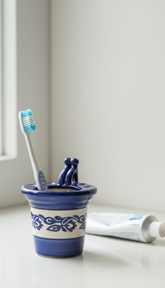 Caffeine Ceramic Handmade Blue and White Printed Bathroom Accessory (Set of 1)