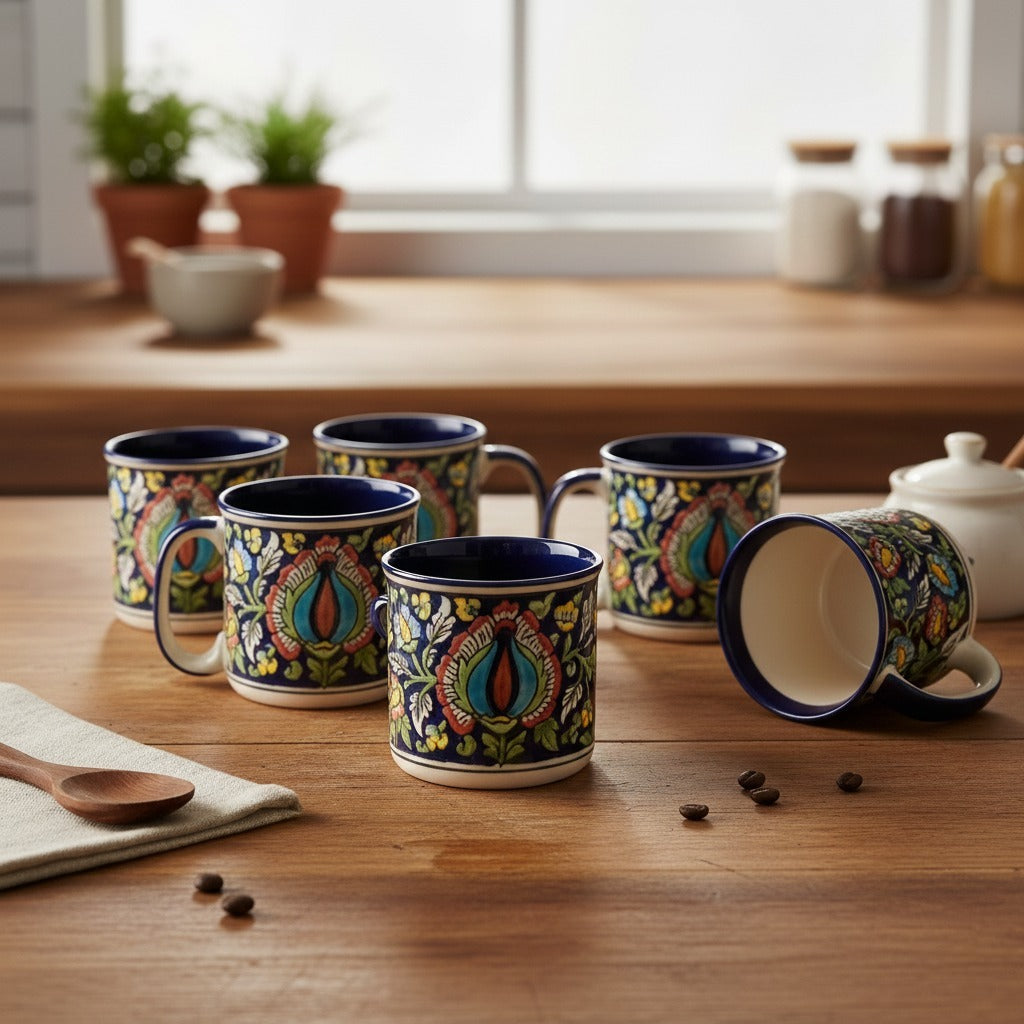 Caffeine Ceramic Handmade Blue Jaipuri Maggie Mug (Set of 6)