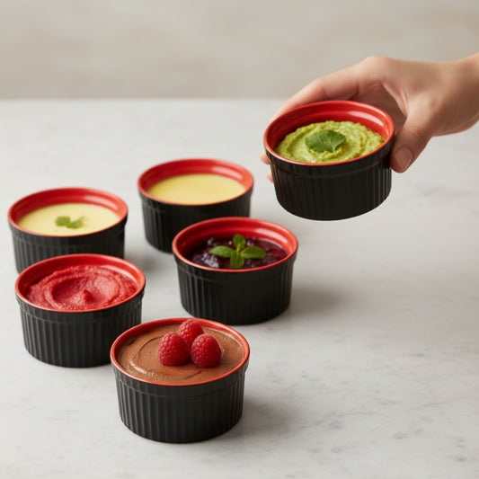 Caffeine Ceramic Handmade Matte Black & Glossy Red Ramekins Bowl (Set of 6, 150 ml)