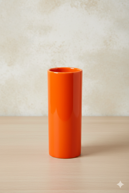 Orange cylindrical vase on a beige surface with a neutral background