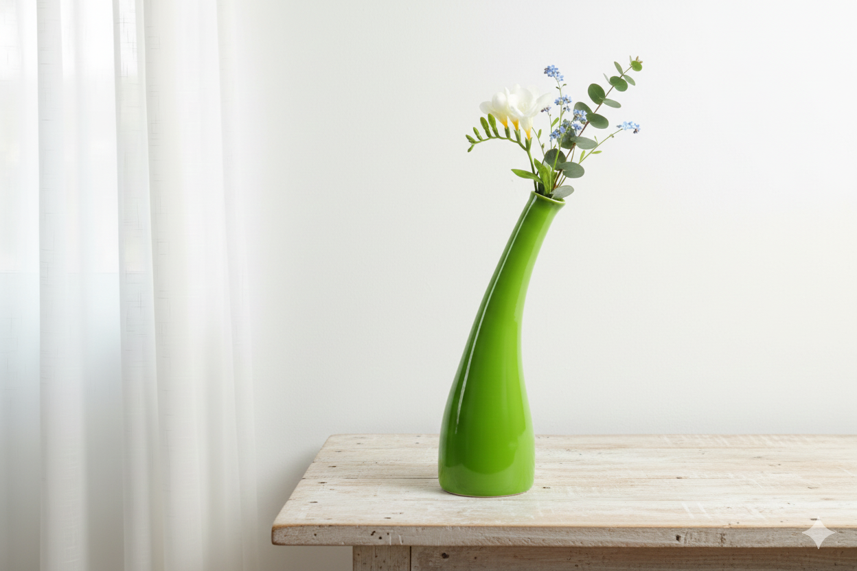 Green vase with flowers on a wooden table against a white curtain background